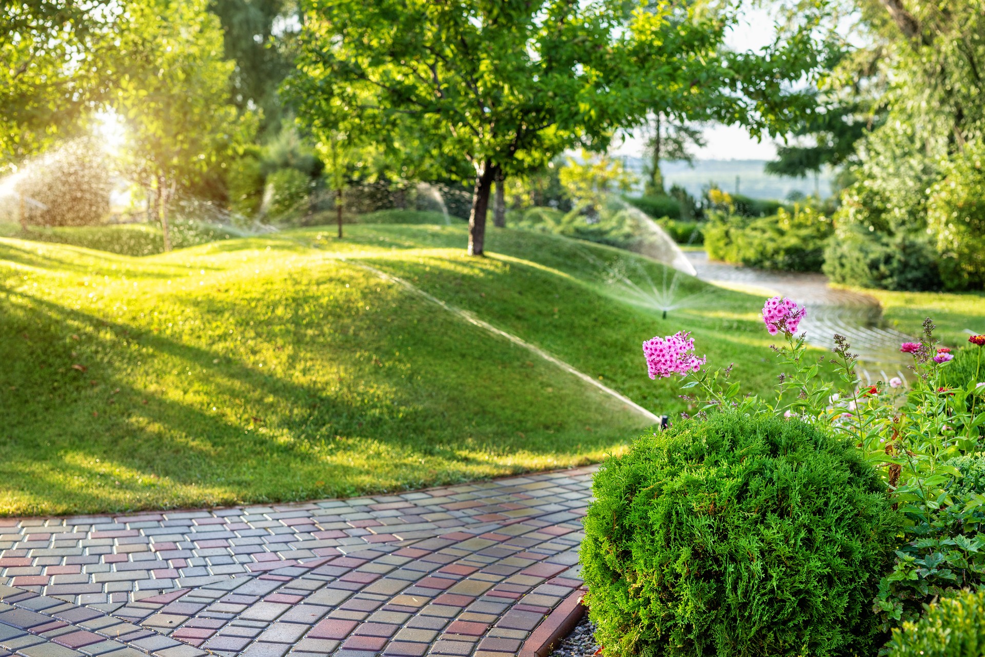 Automatic garden watering system with different sprinklers installed under turf. Landscape design with lawn hills and fruit garden irrigated with smart autonomous sprayers at sunset evening time